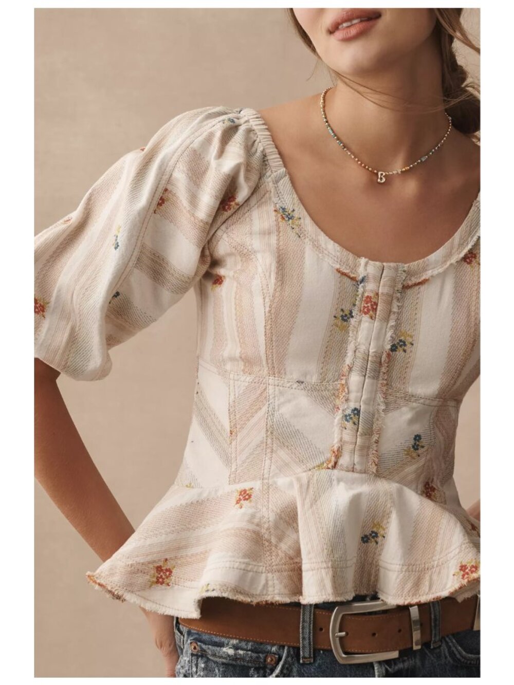 Anthropologie Pilcro Puff-Sleeve Peplum Blouse Neutral Motif Floral Cream M